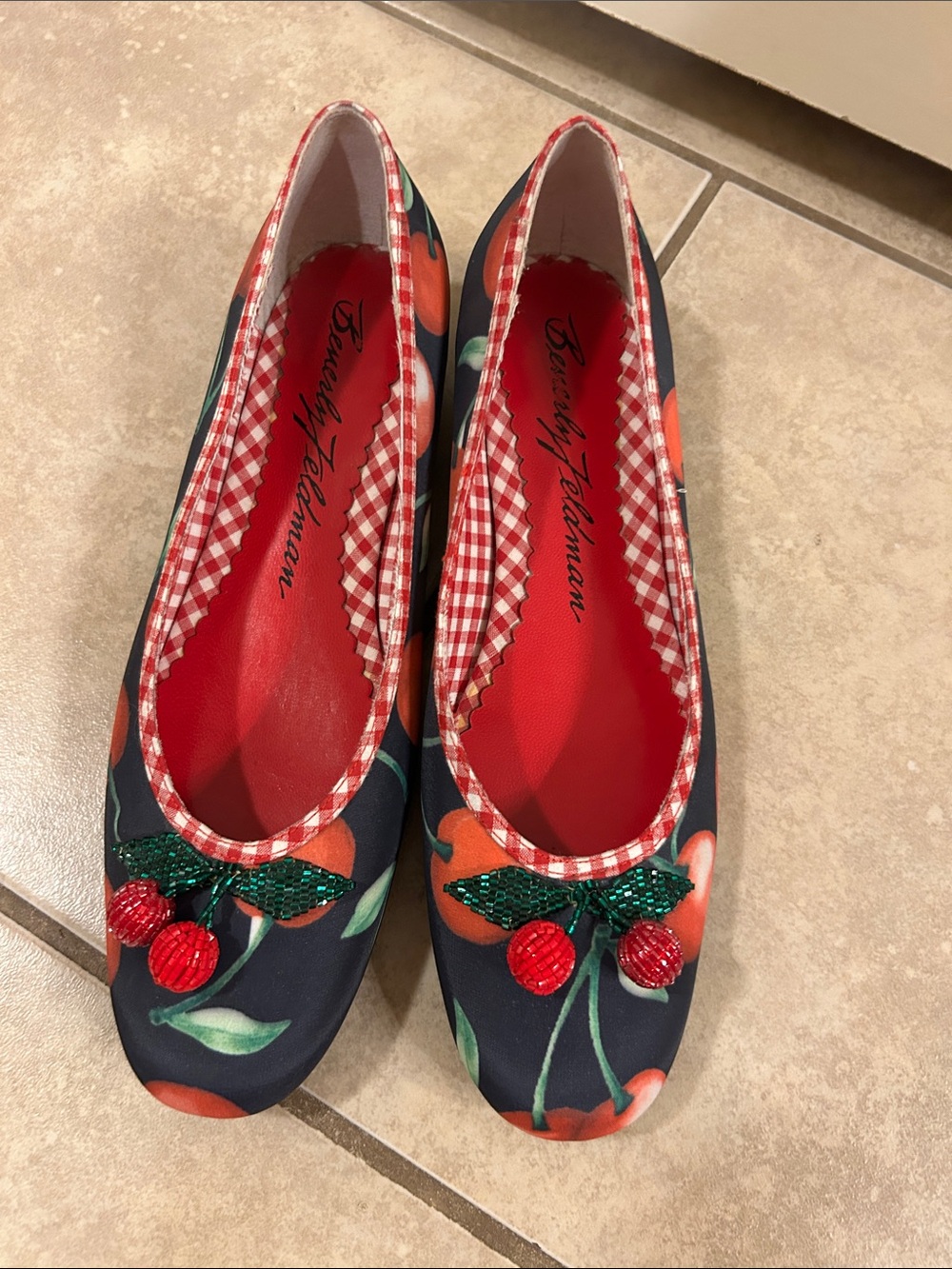 Beverly Feldman Navy Cherry 7.5  gingham beaded Ballet Flats